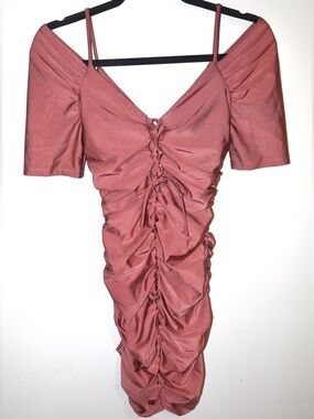 Cold-Shoulder Ruched Lace-Up Mini Dress in Dusty Rose